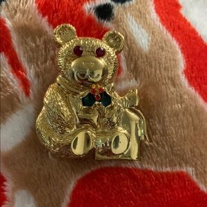 Gold-Tone Bear Brooch with Holly Accent